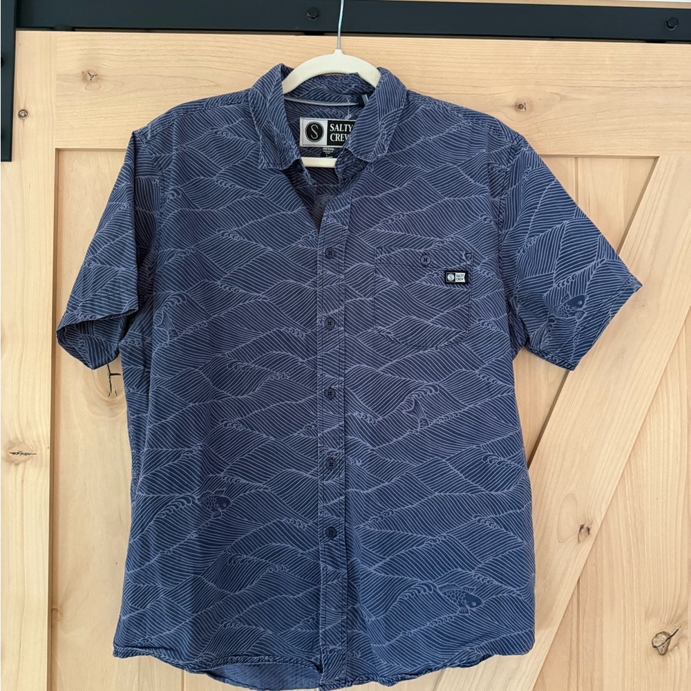 Salty Crew Men's Navy Patterned Button Down Shirt- Size Large